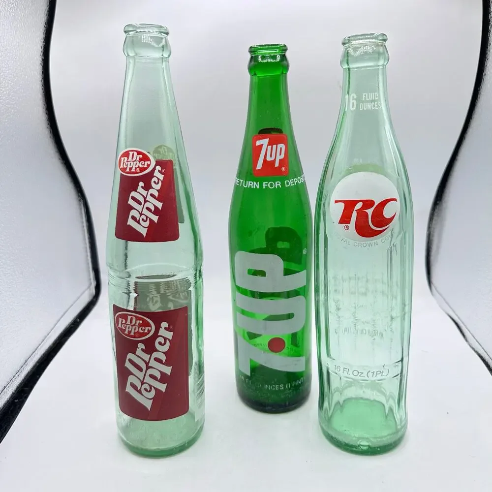 X3 VINTAGE 1970S POP TOP GLASS BOTTLES 7-Up Dr Pepper RC Cola - Picture 2 of 3